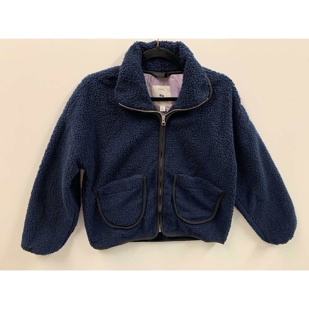 Free Assembly Womens Faux Sherpa Jacket‎ Cozy Zip-Up Navy Colored Small